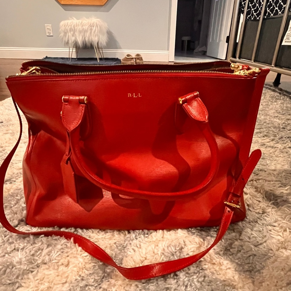 Red Leather Tote Bag with Shoulder Strap